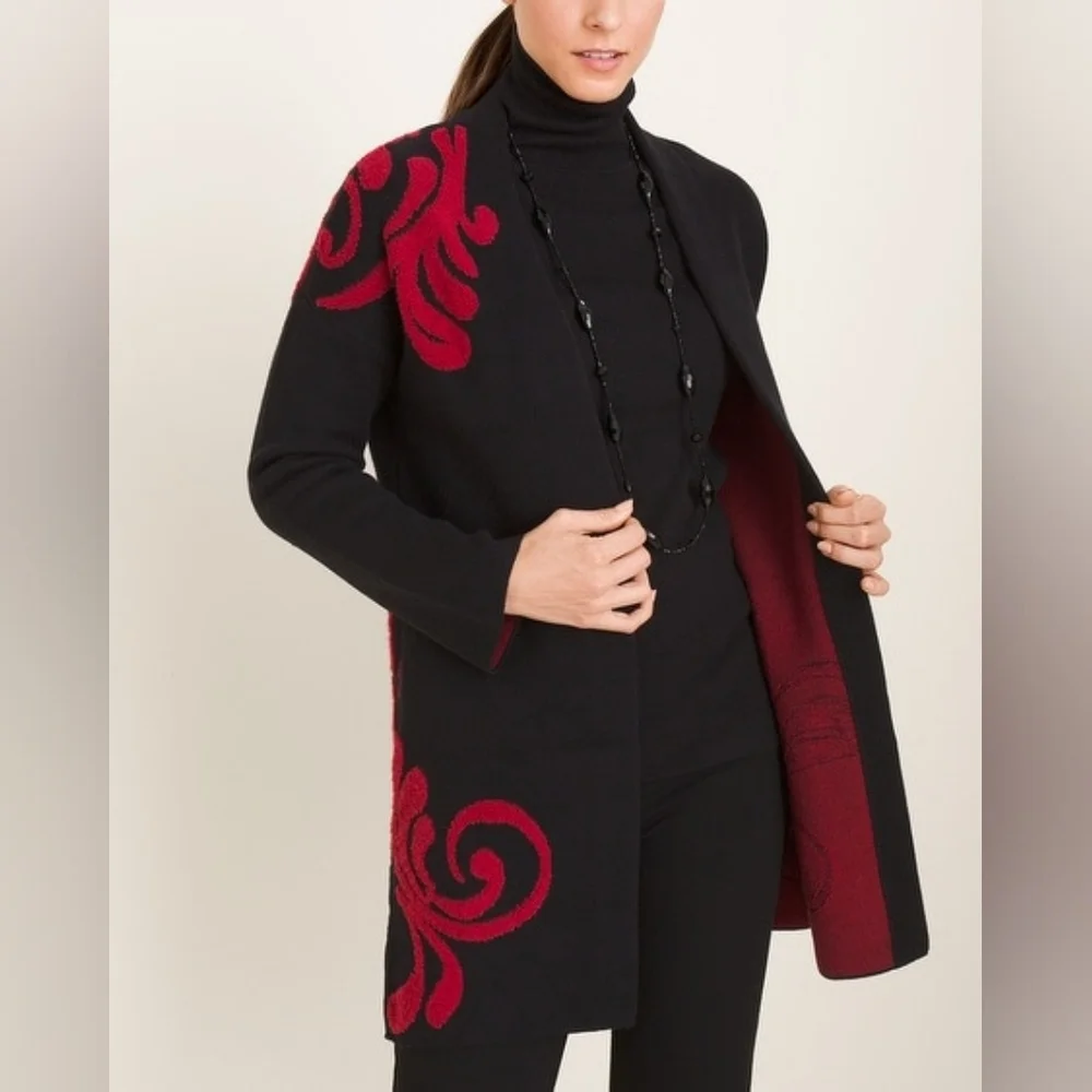 Chicos Red And Black Scroll-Detail Cardigan Size 4P NWOT - Picture 4 of 6